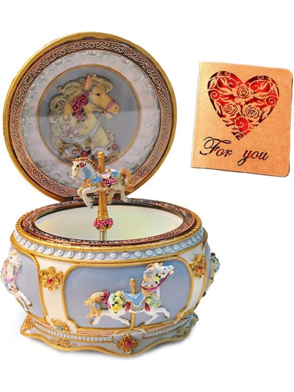 LED Carousel Horse Music Box - Twinkling Resin Collectible, 18-Note Mechanical